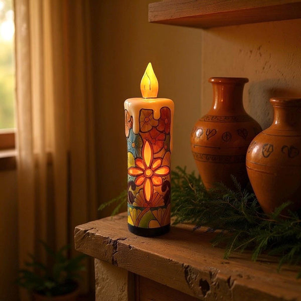 Hand Painted Mexican Talavera Snowy Candle Christmas Luminary Decor