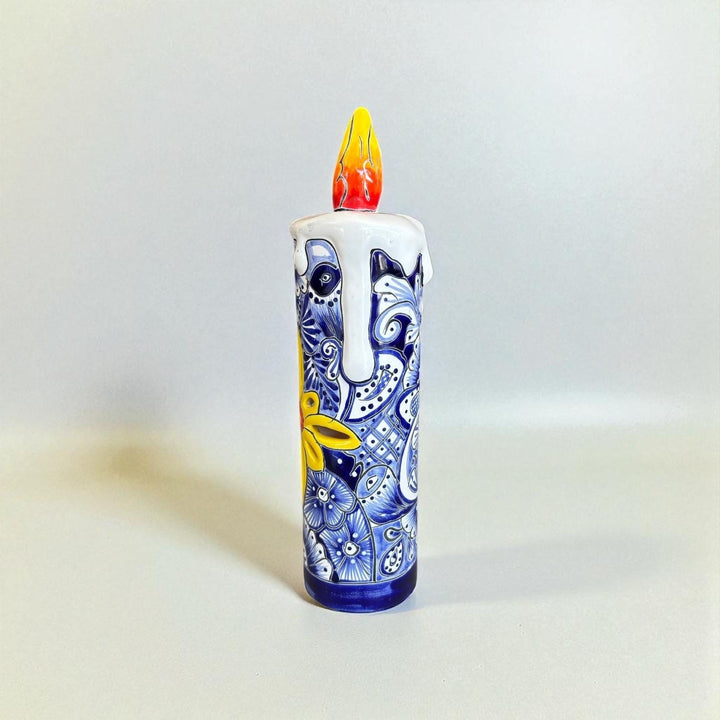 Hand Painted Mexican Talavera Snowy Candle Blue White Christmas Luminary Decor