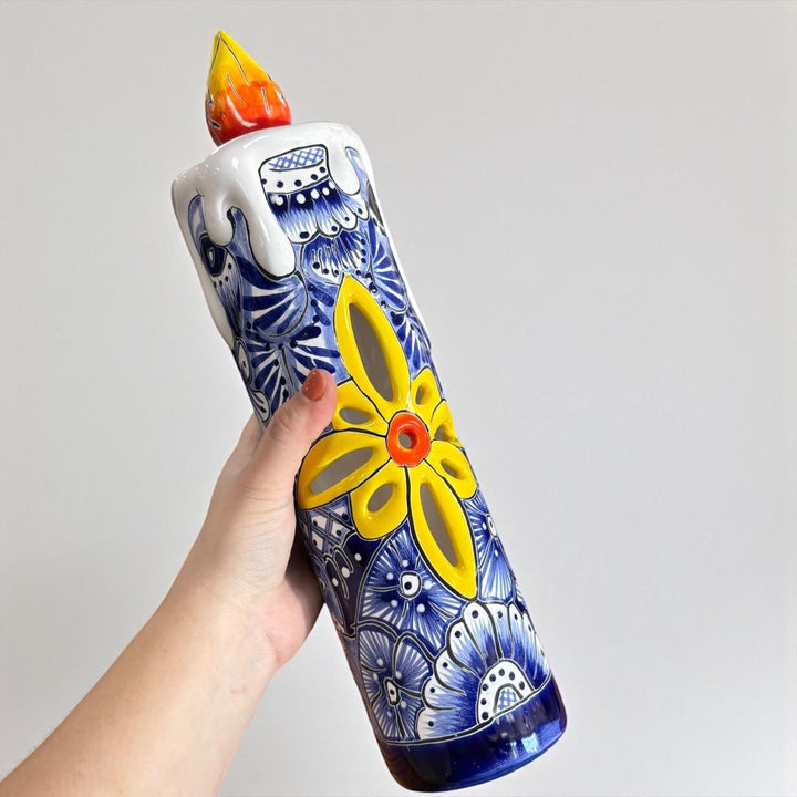 Hand Painted Mexican Talavera Snowy Candle Blue White Christmas Luminary Decor