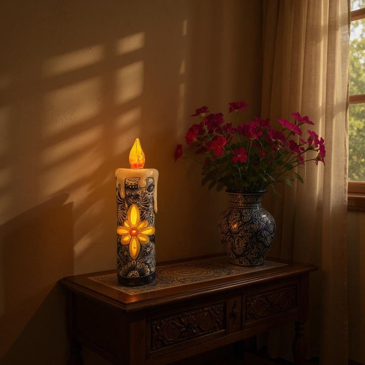 Hand Painted Mexican Talavera Snowy Candle Blue White Christmas Luminary Decor