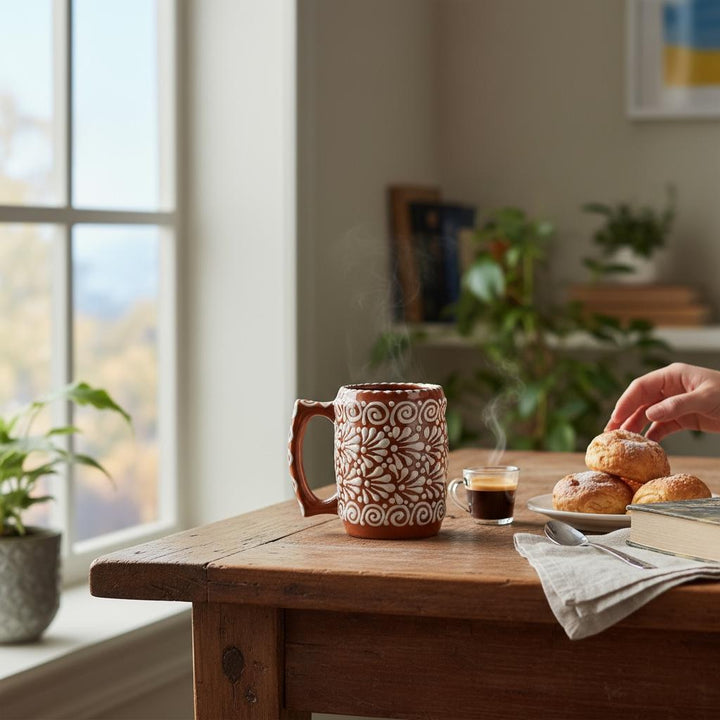 Hand Painted Mexican Talavera Brown & White Tavern Beer Mug (Estilo Cielito Lindo)