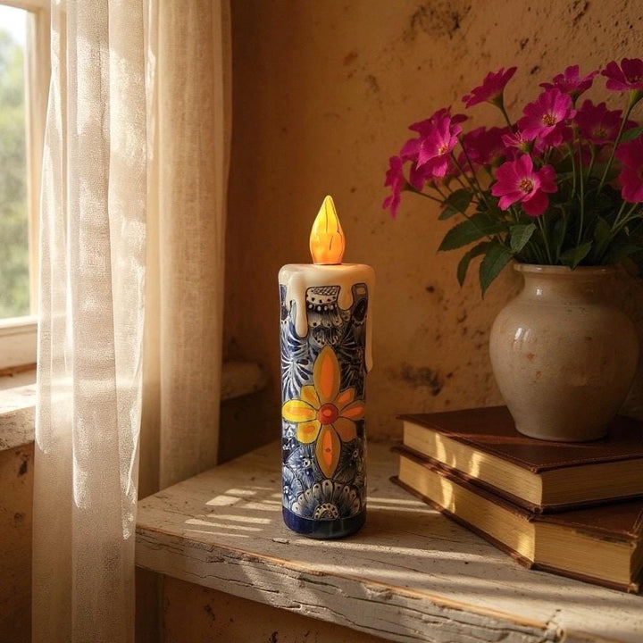 Hand Painted Mexican Talavera Snowy Candle Blue White Christmas Luminary Decor