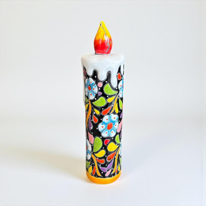 Hand Painted Mexican Talavera Snowy Candle Black Floral Christmas Luminary Decor