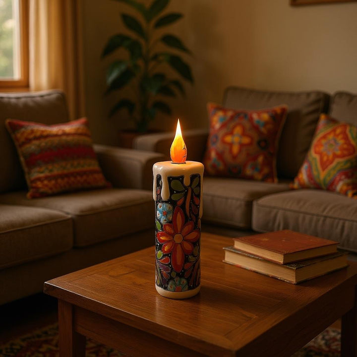 Hand Painted Mexican Talavera Snowy Candle Black Floral Christmas Luminary Decor