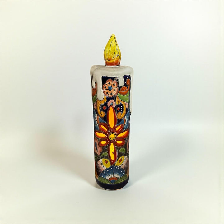 Hand Painted Mexican Talavera Snowy Candle Blue Christmas Luminary Decor