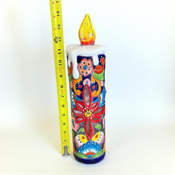 Hand Painted Mexican Talavera Snowy Candle Blue Christmas Luminary Decor