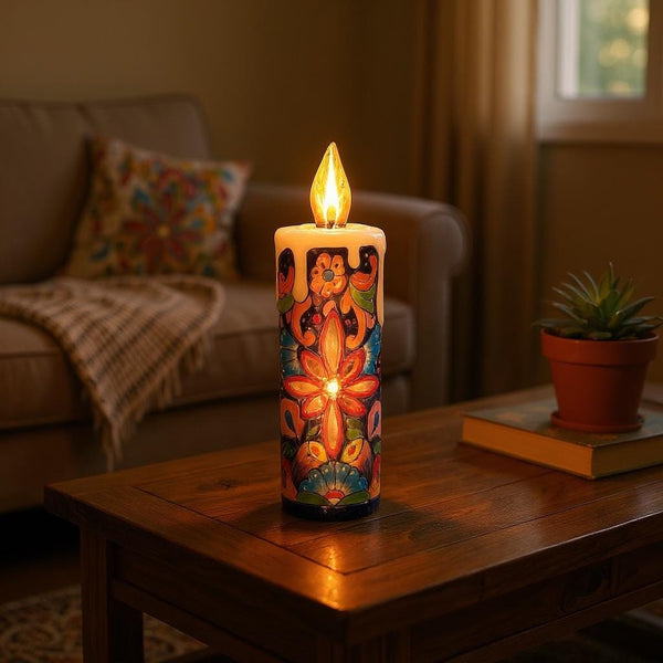 Hand Painted Mexican Talavera Snowy Candle Blue Christmas Luminary Decor