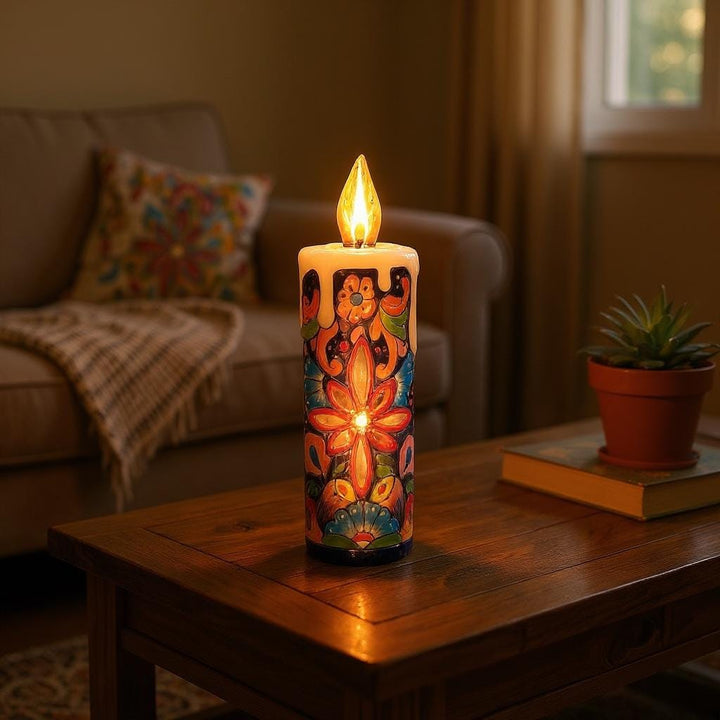 Hand Painted Mexican Talavera Snowy Candle Blue Christmas Luminary Decor