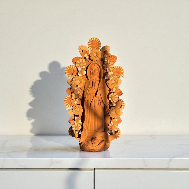 Handmade Medium Mexican Folkart “Virgen de Guadalupe”, Brown Clay and Rustic Neutrals (Varying Design)