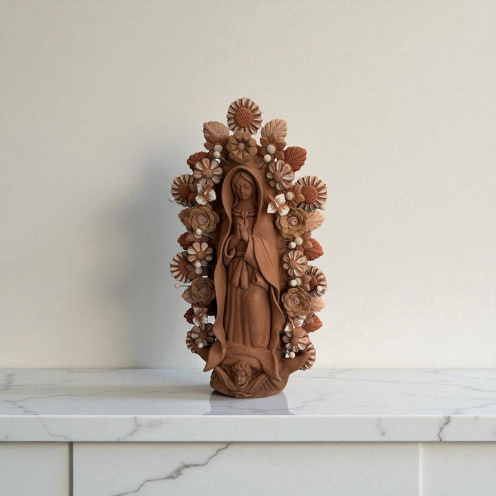 Handmade Medium Mexican Folkart “Virgen de Guadalupe”, Brown Clay and Rustic Neutrals (Varying Design)