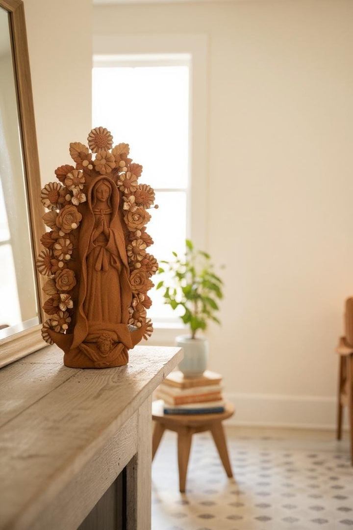 Handmade Medium Mexican Folkart “Virgen de Guadalupe”, Brown Clay and Rustic Neutrals (Varying Design)