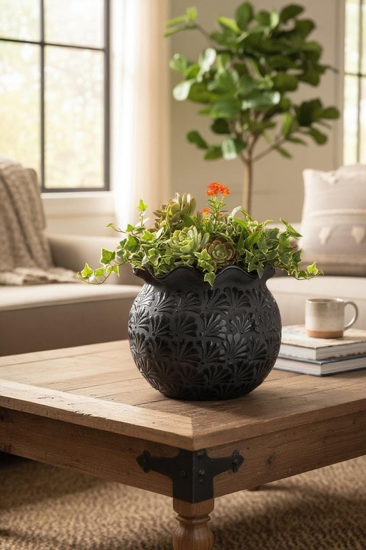 Hand Painted Mexican Black Clay and Black Round Planter Pot with Scalloped Rim – Free Shipping (Contiguous U.S. Only)