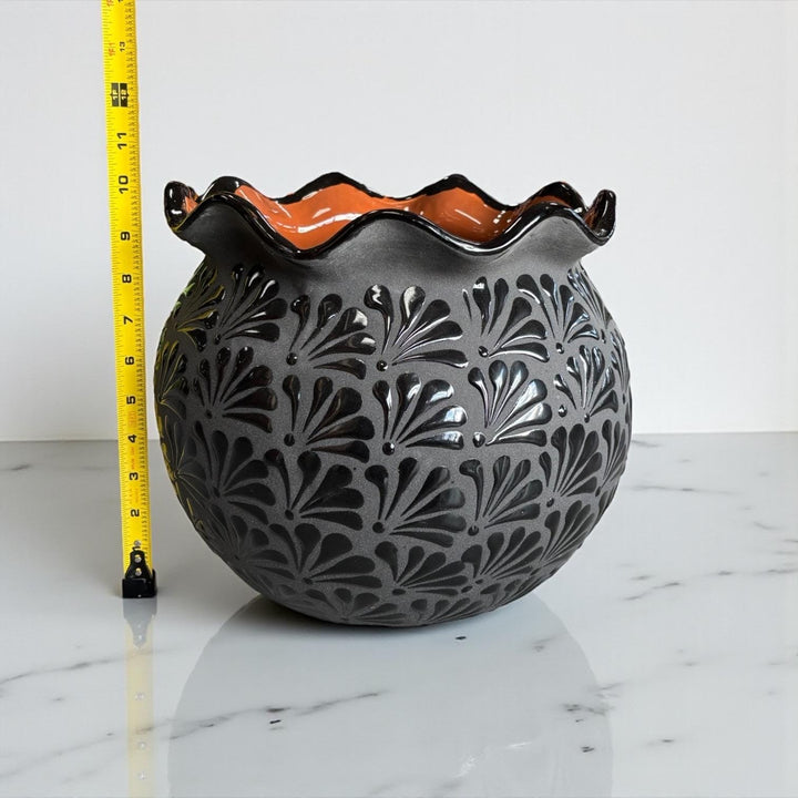 Hand Painted Mexican Black Clay and Black Round Planter Pot with Scalloped Rim – Free Shipping (Contiguous U.S. Only)