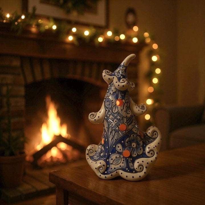 Hand Painted Talavera White & Blue Snowy Christmas Tree Luminary Decor