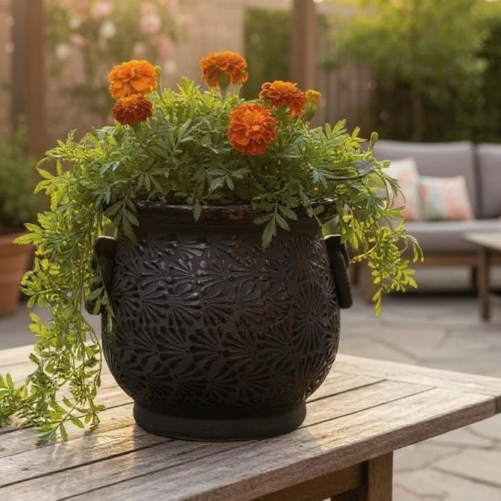 Hand Painted Mexican Black Clay and Black Cauldron Handle Planter Pot – Free Shipping (Contiguous U.S. Only)