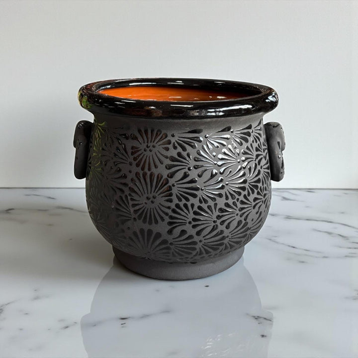 Hand Painted Mexican Black Clay and Black Cauldron Handle Planter Pot – Free Shipping (Contiguous U.S. Only)