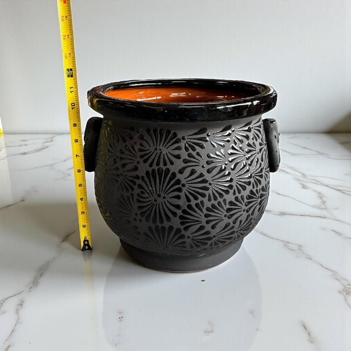 Hand Painted Mexican Black Clay and Black Cauldron Handle Planter Pot – Free Shipping (Contiguous U.S. Only)