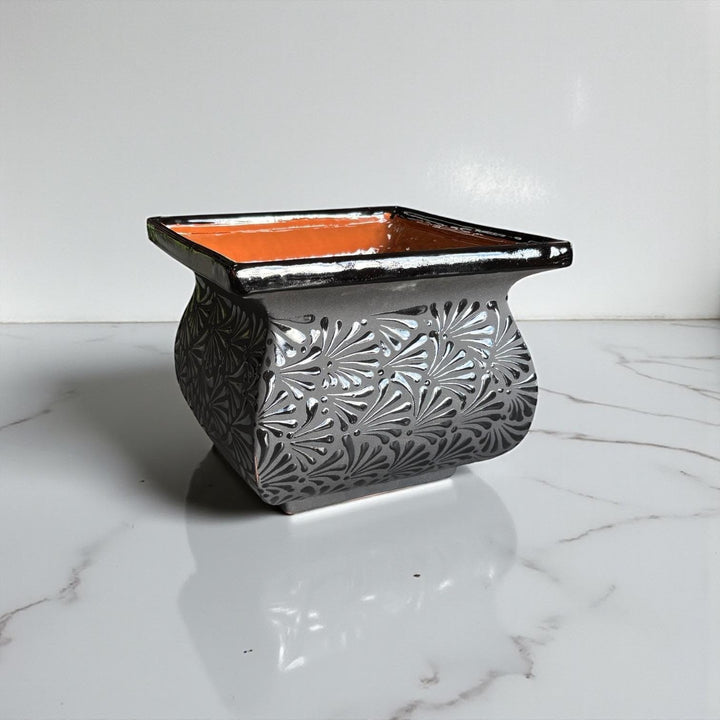 Hand Painted Mexican Black Clay and Black Square Planter Pot – Free Shipping (Contiguous U.S. Only)