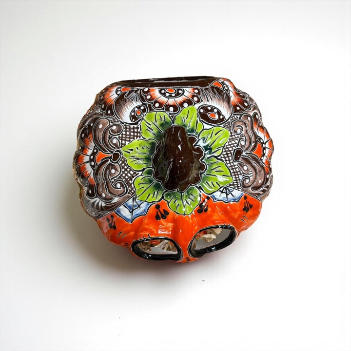 Hand Painted Mexican Talavera Halloween Orange Jack O Lantern, Tabletop Large (Varying Design)