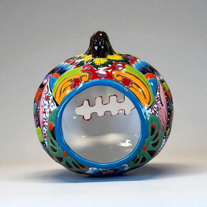 Hand Painted Mexican Talavera Halloween Orange Jack O Lantern, Tabletop Large (Varying Design)