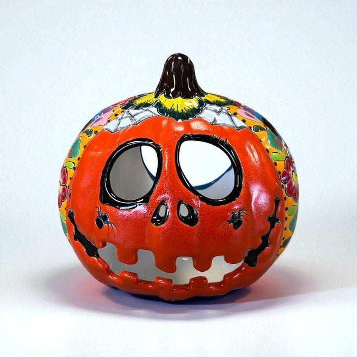Hand Painted Mexican Talavera Halloween Orange Jack O Lantern, Tabletop Large (Varying Design)