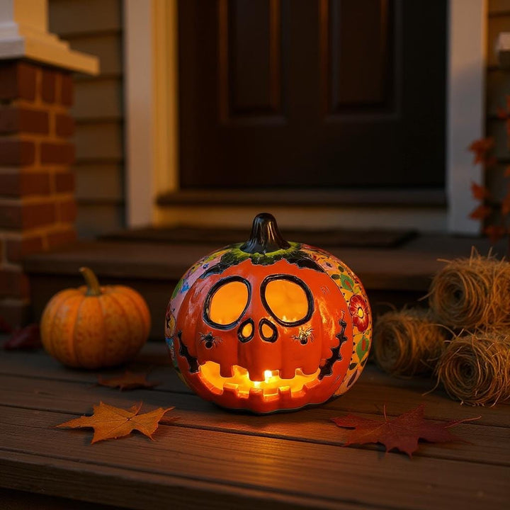 Hand Painted Mexican Talavera Halloween Orange Jack O Lantern, Tabletop Large (Varying Design)