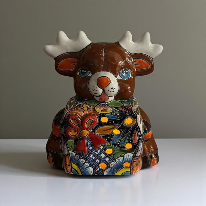 Hand Painted Talavera Brown Reindeer with Gift Christmas Luminary Decor