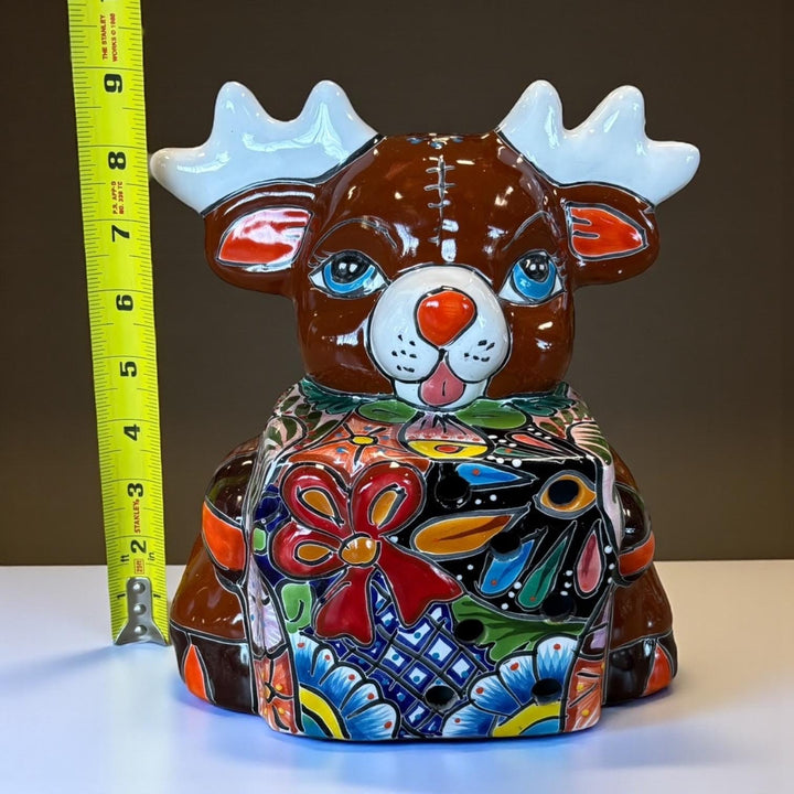 Hand Painted Talavera Brown Reindeer with Gift Christmas Luminary Decor