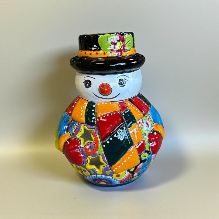 Hand Painted Talavera Multicolor Snowman Christmas Luminary Decor