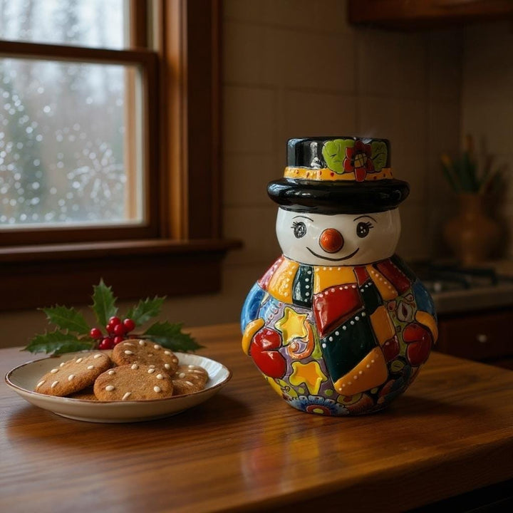 Hand Painted Talavera Multicolor Snowman Christmas Luminary Decor