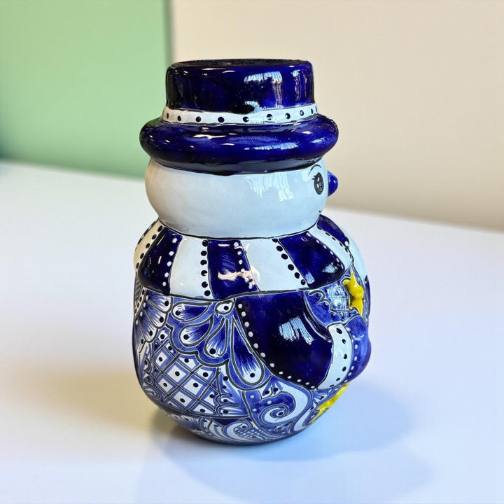 Hand Painted Talavera Blue & White Snowman Christmas Luminary Decor
