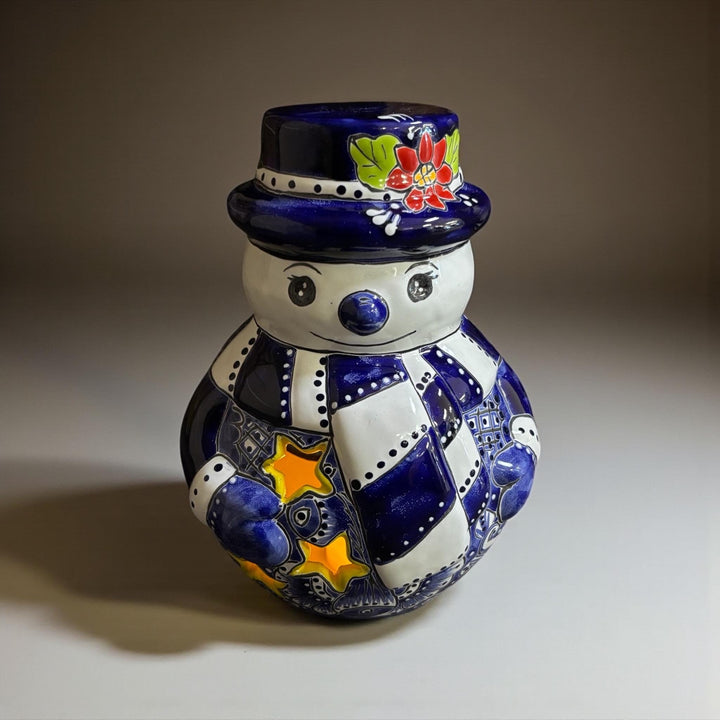 Hand Painted Talavera Blue & White Snowman Christmas Luminary Decor