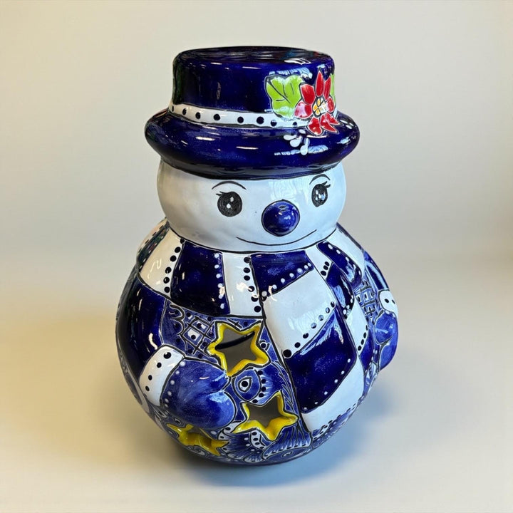 Hand Painted Talavera Blue & White Snowman Christmas Luminary Decor