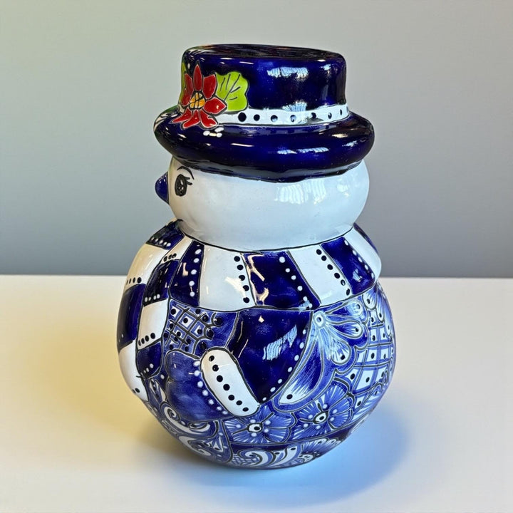 Hand Painted Talavera Blue & White Snowman Christmas Luminary Decor