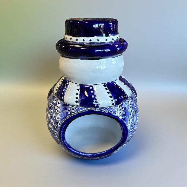 Hand Painted Talavera Blue & White Snowman Christmas Luminary Decor