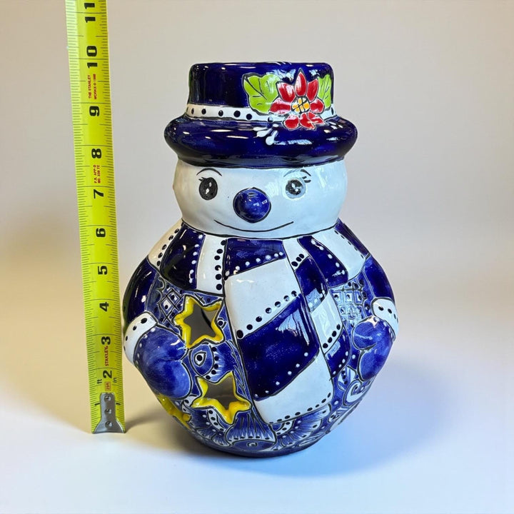 Hand Painted Talavera Blue & White Snowman Christmas Luminary Decor