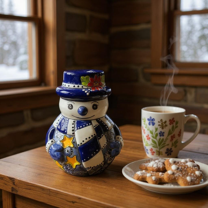 Hand Painted Talavera Blue & White Snowman Christmas Luminary Decor