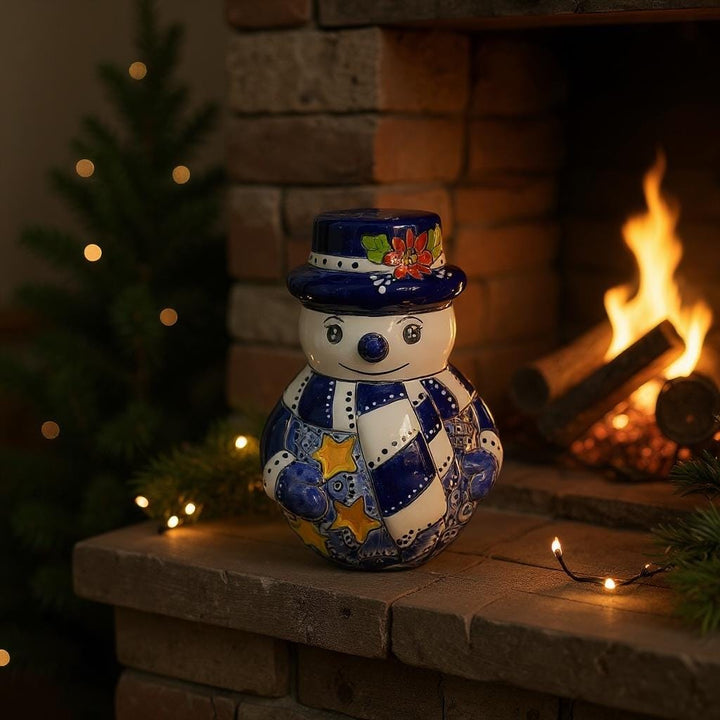 Hand Painted Talavera Blue & White Snowman Christmas Luminary Decor