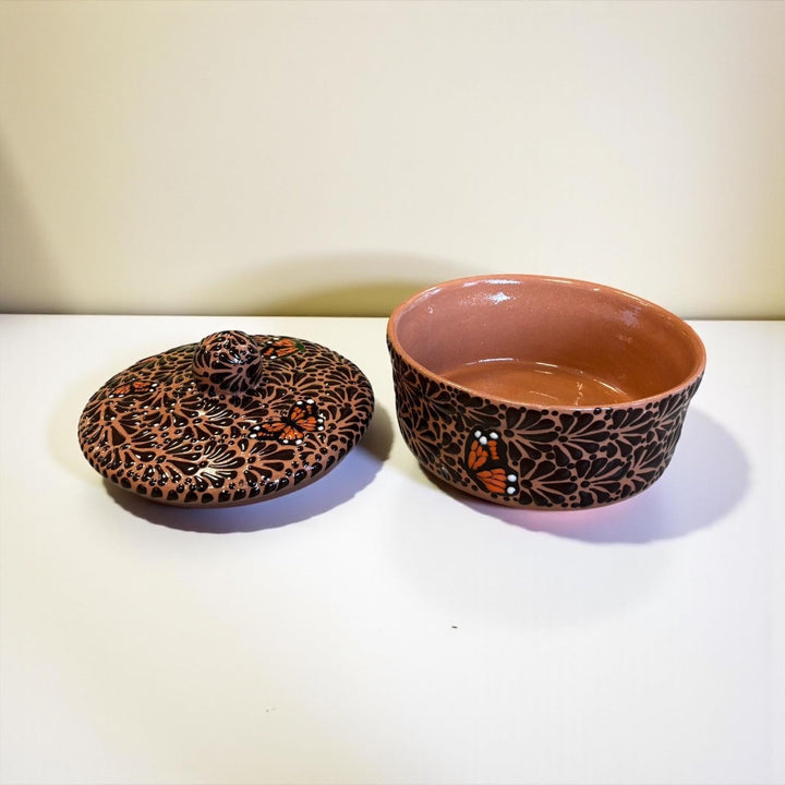 Hand Painted Rustic Talavera Brown and Dark Chocolate Monarch Butterfly “Tortillero” (Cielito Lindo Inspired)