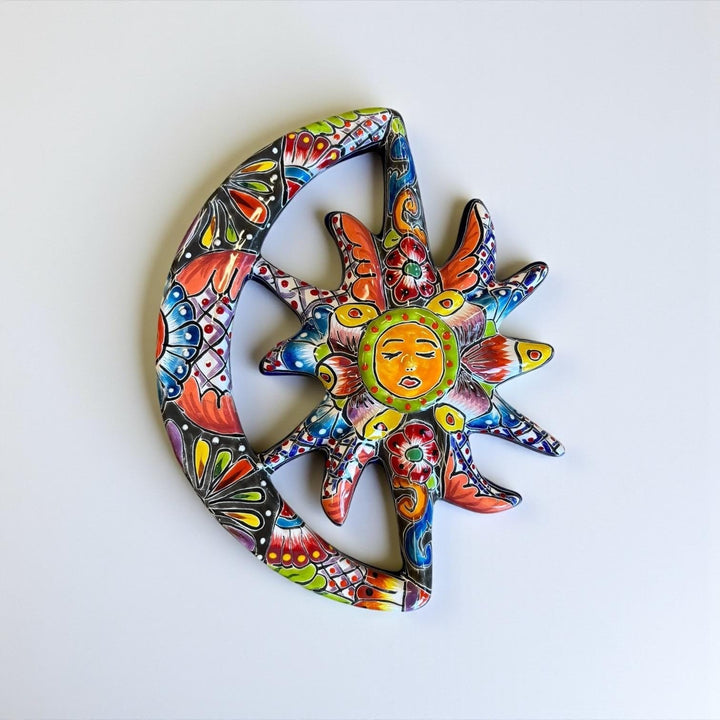 Beautiful Hand Painted Talavera Rustic Sleeping Sun & Crescent Moon Garden Wall Decor – Assorted Designs
