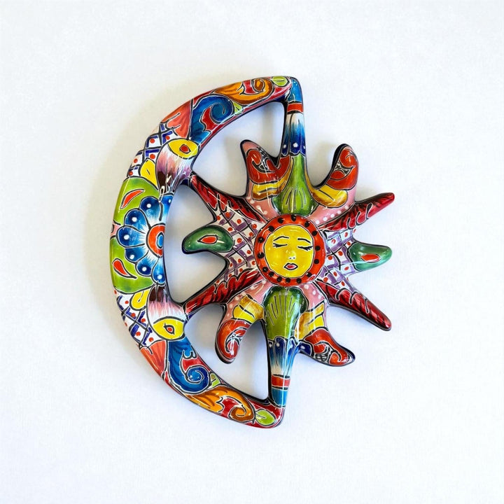Beautiful Hand Painted Talavera Rustic Sleeping Sun & Crescent Moon Garden Wall Decor – Assorted Designs