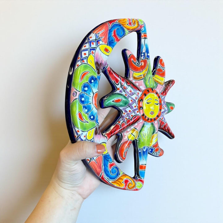 Beautiful Hand Painted Talavera Rustic Sleeping Sun & Crescent Moon Garden Wall Decor – Assorted Designs
