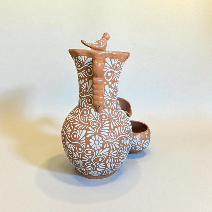 Beautiful Hand-Painted Talavera Rustic Beige Brown & White Tabletop Water Fountain – Free Shipping (Contiguous U.S. Only)