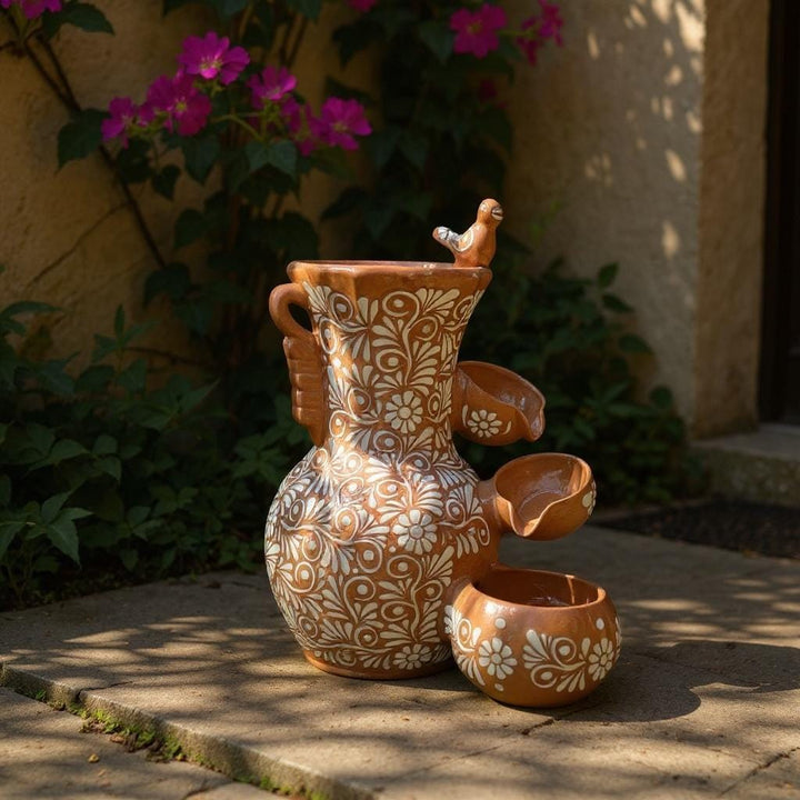 Beautiful Hand-Painted Talavera Rustic Beige Brown & White Tabletop Water Fountain – Free Shipping (Contiguous U.S. Only)