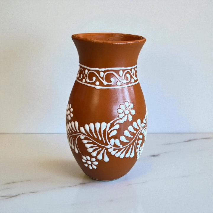 Hand Painted Mexican Ceramic Brown and White Rustic Vase