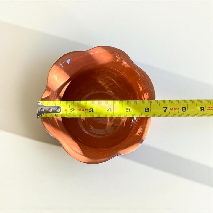 Handpainted Mexican Talavera Scalloped Rim Planter Pot, Rustic Brown White Floral Vines, Tabletop Small