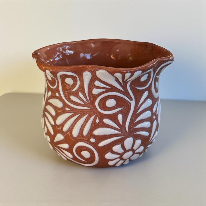 Handpainted Mexican Talavera Scalloped Rim Planter Pot, Rustic Brown White Floral Vines, Tabletop Small