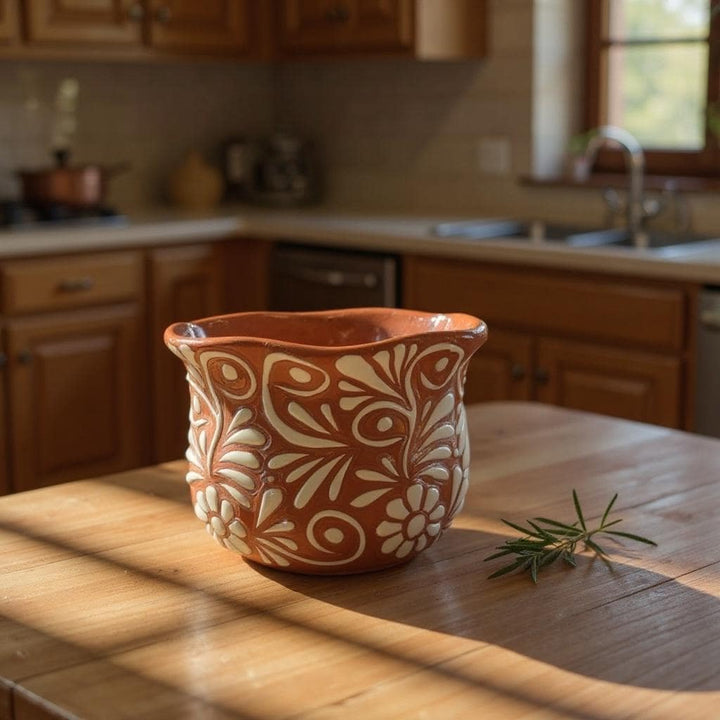 Handpainted Mexican Talavera Scalloped Rim Planter Pot, Rustic Brown White Floral Vines, Tabletop Small