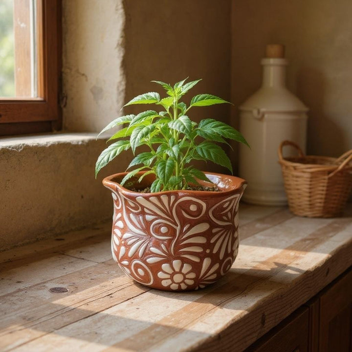 Handpainted Mexican Talavera Scalloped Rim Planter Pot, Rustic Brown White Floral Vines, Tabletop Small