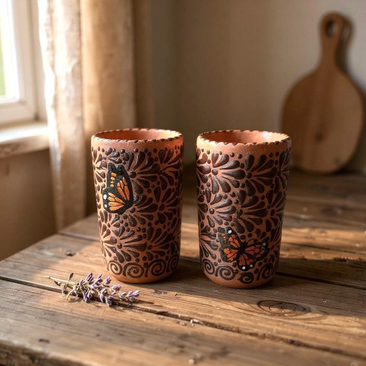 Beautiful Hand Painted Brown & Dark Chocolate Butterfly Talavera Tumbler (Cielito Lindo Inspired), Set of 2